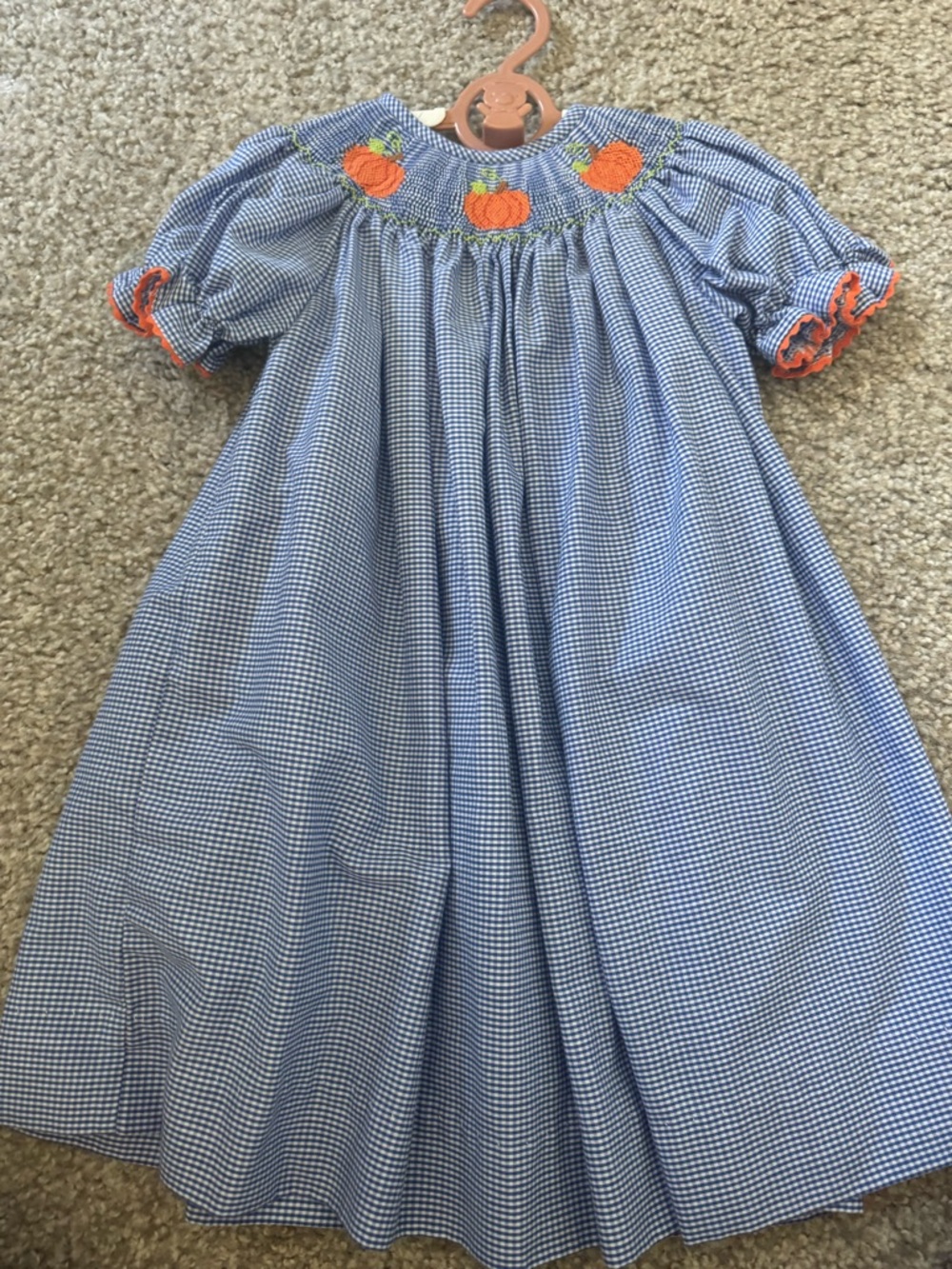 Blue Gingham Smocked Dress with Orange Pumpkin Embroidery